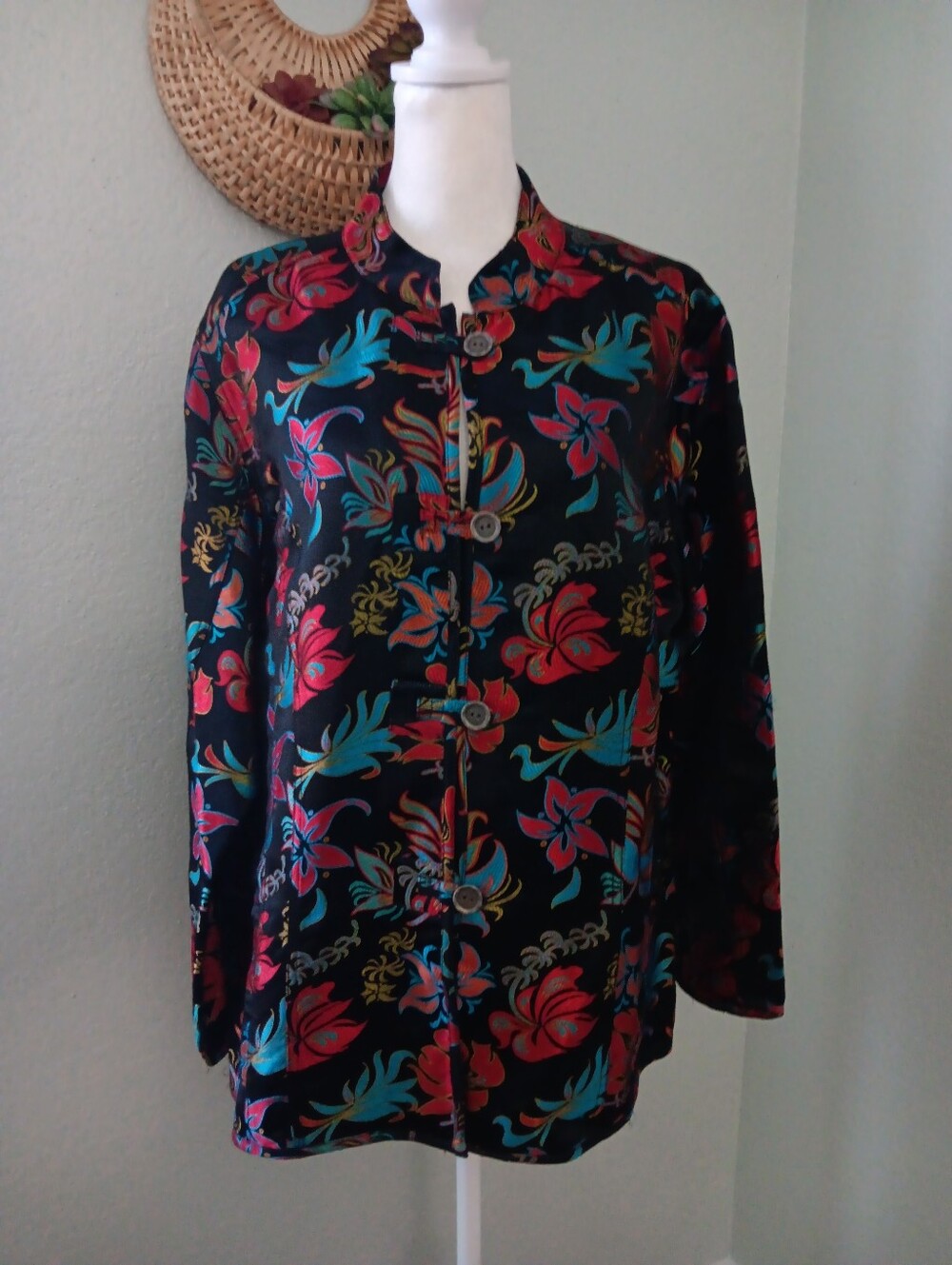 Black Floral Button-Up Women's Top with Mandarin Collar
